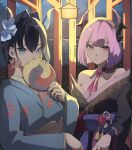  2girls absurdres black_hair black_kimono blue_eyes blue_flower blue_kimono breasts cleavage earrings english_commentary eyelashes flower hair_between_eyes hair_flower hair_intakes hair_ornament hand_fan highres holding holding_fan hololive hololive_english horns japanese_clothes jewelry kimono large_breasts looking_at_viewer mori_calliope mori_calliope_(new_year) multiple_girls night night_sky o22no ouro_kronii ouro_kronii_(new_year) pink_eyes pink_hair short_hair sky slit_pupils smile upper_body virtual_youtuber water 