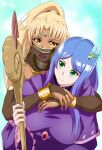  2girls :d absurdres akuron_(acllon) blonde_hair blue_background blue_hair bracelet breasts circlet dark-skinned_female dark_skin earrings green_eyes hair_ornament highres holding holding_staff hug hug_from_behind jewelry large_breasts long_hair mouth_veil multiple_girls neck_ring open_mouth outdoors pales_(sennen_sensou_aigis) parted_bangs purple_robe robe sasha_(sennen_sensou_aigis) sennen_sensou_aigis smile staff upper_body veil yellow_eyes 