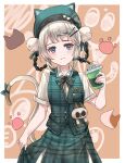 1girl absurdres alternate_costume animal_ear_headwear animal_ears bambinata_(punishing:_gray_raven) beret black_hair blue_eyes bow braided_hair_rings cat_ears cat_tail checkered_clothes checkered_skirt drinking_straw fish_bone food food_request green_bow green_headwear green_jacket green_skirt grey_hair grey_shirt hair_ornament hairclip hat heart heart-shaped_pupils highres holding holding_food jacket mochigana multicolored_hair parted_lips pom_pom_(clothes) punishing:_gray_raven shirt short_sleeves skirt solo stuffed_animal stuffed_cat stuffed_toy symbol-shaped_pupils tail two-tone_hair x_hair_ornament 