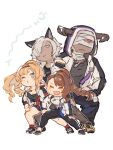  2boys 2girls animal_ears bandage_over_one_eye beatrix_(granblue_fantasy) black_hairband blonde_hair blue_eyes boots braid braided_ponytail brown_hair choo_choo_train closed_eyes commentary dancing dog_tags draph erune eustace_(granblue_fantasy) granblue_fantasy granblue_fantasy_versus:_rising hair_over_one_eye hairband highres hood hoodie horns jacket multiple_boys multiple_girls one_eye_closed open_clothes open_jacket open_mouth parody ponytail pose_imitation red_eyes red_socks shimatani_azu shoes shorts sidelocks smile sneakers socks translated vaseraga white_hair zeta_(granblue_fantasy) 