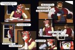 3:2 anthro cheetah comic dialogue dream_and_nightmare drinking duo english_text eyewear felid feline fur glasses hi_res jake_(adyrtityger) male male/male mammal multicolored_body multicolored_fur muscular nerd night_(dream_and_nightmare) pantherine paper text tiger
