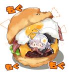  1girl absurdres antenna_hair bacon black_jacket blush braid brown_eyes burger chibi closed_mouth commentary_request dotted_line eating food food_on_hair fried_egg grey_hair hair_between_eyes highres in_food jacket kizuna_akari long_hair long_sleeves low_twintails milkpanda mini_person minigirl puffy_long_sleeves puffy_sleeves shadow simple_background sleeves_past_wrists solid_oval_eyes solo sweat translation_request tsukimi_burger twin_braids twintails very_long_hair voiceroid wavy_mouth white_background 