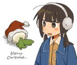  1girl arms_at_sides blue_jacket blush brown_eyes brown_hair collared_shirt dot_nose earmuffs hair_tie hat jacket long_hair looking_to_the_side low_twintails merry_christmas open_clothes open_jacket open_mouth orange_shirt original ozu_(oz_yarimasu) santa_hat shirt sidelocks simple_background solo turnip twintails upper_body v-shaped_eyebrows white_background 