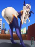  1girl ass ass_focus bare_shoulders blonde_hair blowing_kiss bodysuit boku_no_hero_academia breasts city cityscape domino_mask fake_horns female_pervert full_body gloves highres horns jckix large_breasts legs long_hair long_legs mask mature_female medium_breasts mount_lady naughty_face open_mouth parted_bangs pervert presenting purple_gloves purple_horns sexually_suggestive sidelocks sky superhero_costume thighhighs thighs 