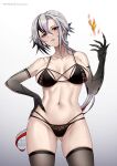  1girl arlecchino_(genshin_impact) arm_tattoo bare_shoulders black_hair black_panties breasts commentary cowboy_shot genshin_impact gradient_background grey_background grey_hair grey_thighhighs groin highres large_breasts long_hair looking_at_viewer low_ponytail multicolored_hair navel panties ryuuneart solo standing stomach streaked_hair tattoo thighhighs thighs underwear very_long_hair 