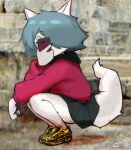  2022 anthro blue_hair bottomwear canid canine canis cellphone clothed clothing female footwear fur hair hatsumiilkshake hi_res hoodie mammal phone shoes skirt solo tera_(hatsumiilkshake) topwear white_body white_fur wolf 