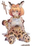  1girl animal_ears black_hair blonde_hair blush bow bowtie breasts elbow_gloves extra_ears fang gloves hanging_breasts highres kemono_friends kneeling large_breasts nyororiso_(muyaa) open_mouth print_bow print_bowtie serval_(kemono_friends) serval_print shirt short_hair skirt sleeveless sleeveless_shirt smile tail thighhighs 