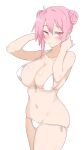  1girl absurdres ahoge bare_arms bare_shoulders bikini blush breasts cleavage closed_mouth collarbone commentary double_bun ear_piercing front-tie_bikini_top front-tie_top groin hair_between_eyes hair_bun hands_up highres large_breasts looking_to_the_side navel original piercing pink_eyes pink_hair shy side-tie_bikini_bottom simple_background solo stomach swimsuit thighs wasabijoyu76 white_background white_bikini 