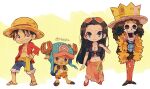  1girl 3boys afro ascot bag black_hair blue_ascot blue_eyes blue_shorts brook_(one_piece) chibi commentary_request cross crown eyewear_on_head feather_boa flip-flops floral_print full_body hand_on_own_hip hat highres long_hair looking_at_viewer monkey_d._luffy multiple_boys nico_robin one_piece open_clothes open_shirt pink_sarong red_shirt sandals sarong sash scar scar_on_chest scar_on_face shirt short_hair shorts shoulder_bag skeleton smile straw_hat tokuura tony_tony_chopper twitter_username yellow_background yellow_sash zipper 