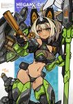  1girl armored_boots bikini black_bikini blonde_hair boots breasts fingerless_gloves gloves green_eyes halterneck hand_fan high_ponytail highres holding holding_weapon looking_at_viewer mecha_musume mechanical_ears medium_breasts medium_hair megami_device nancou_(nankou) navel solo standing swimsuit tan tanlines weapon 