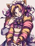  1girl :d animal_ears blonde_hair bow bowtie cafe_cuties_gwen cat_ears cat_girl dress drill_hair fang gem gwen_(league_of_legends) highres league_of_legends long_hair long_sleeves lower_teeth_only maid_headdress multicolored_hair pink_bow pink_bowtie pink_eyes pink_hair smile soda_(sodaa_811) solo teeth tongue twin_drills two-tone_hair 