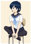  1girl barefoot black_pantyhose blue_eyes blue_hair blue_neckerchief blue_sailor_collar chair feet_on_chair full_body highres indian_style looking_at_viewer morinaka_hajime neckerchief on_chair original pantyhose sailor_collar school_uniform serafuku shirt short_hair simple_background sitting solo white_shirt 