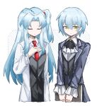  2girls angela_(project_moon) ascot black_skirt black_vest blue_coat blue_hair blue_skirt chinese_commentary closed_eyes closed_mouth coat collared_shirt commentary_request dual_persona flat_chest hair_between_eyes hand_on_own_chest highres jiekuijiangshadaonijiamenkou lab_coat library_of_ruina light_blue_hair lobotomy_corporation long_hair long_sleeves multiple_girls necktie no_nose one_side_up open_clothes open_coat parted_bangs project_moon red_necktie shirt short_hair skirt vest white_ascot white_shirt yellow_eyes 