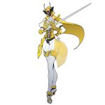  1girl absurdres armor cape full_body gloves highres himeno_ran holding holding_sword holding_weapon kamakiri_ohger king knight ohgercalibur ohsama_sentai_king-ohger rapier super_sentai sword tokusatsu tongzhen_ganfan weapon yellow_armor yellow_cape 