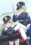  2girls armband belt black_belt black_hat blue_archive blue_armband blush buttons cross_(crossryou) double-breasted gloves green_hair green_halo halo hat highres hikari_(blue_archive) long_hair long_sleeves looking_at_viewer multiple_girls nozomi_(blue_archive) open_mouth pantyhose peaked_cap pleated_skirt pointy_ears skirt train_conductor white_gloves white_pantyhose yellow_eyes 
