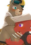 animal_crossing anthro balls beaver belly blonde_hair blue_eyes blush bodily_fluids bottomwear bottomwear_down brown_body brown_fur c.j._(animal_crossing) chameleon clothed clothing duo erection eyewear fellatio flick_(animal_crossing) fur genital_fluids genitals hair hat headgear headwear hi_res hitsuzi_taro11 hoodie lizard male male/male mammal nintendo oral partially_clothed penile penis precum purple_eyes reptile rodent scalie sex shorts shorts_down slightly_chubby sunglasses topwear