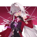  1girl absurdres belly black_choker bright_pupils chain_whip choker highres honkai_(series) honkai_impact_3rd jacket looking_at_viewer ooo_wange purple_eyes purple_ribbon red_background red_jacket ribbon ribbon_hair_ornament simple_background single_bare_shoulder smile string thelema_(honkai_impact) white_background white_hair white_pupils 