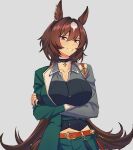  1girl animal_ears arms_under_breasts black_gloves breasts brown_hair cleavage collared_shirt fingerless_gloves gloves green_jacket green_pants grey_background grey_shirt highres horse_ears jacket kashu_ri large_breasts long_hair looking_at_viewer open_mouth pants pendant_choker red_eyes shirt simple_background sirius_symboli_(umamusume) smile solo umamusume upper_body 