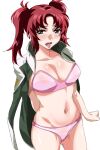  1girl atamadarurun bangs blush bra breasts cleavage clothes_on_shoulders collarbone gundam gundam_seed gundam_seed_destiny large_breasts long_hair meyrin_hawke panties pink_bra pink_panties purple_eyes red_hair shiny shiny_hair shiny_skin sidelocks solo strapless strapless_bra twintails underwear upper_body 