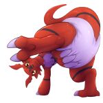 1:1 2_toes absurd_res ambiguous_gender anthro balancing bandai_namco claws clothed clothing diaper digimon digimon_(species) digitigrade feet guilmon hand_on_diaper hi_res looking_at_viewer raised_leg raised_tail rear_view secret_desires smile solo tail teeth toes touching_diaper wearing_diaper