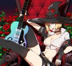  1girl :p ariss_desuyo black_choker black_footwear black_hat black_jacket black_nails black_shorts blonde_hair blue_eyes boots breasts choker cleavage electric_guitar flower guilty_gear guilty_gear_strive guitar hat holding holding_guitar holding_instrument i-no instrument jacket large_breasts looking_at_viewer mole mole_above_mouth navel off_shoulder red_flower red_rose rose shirt short_hair shorts sitting thigh_boots tongue tongue_out venus_symbol white_shirt witch_hat 