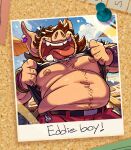 anthro beach beach_umbrella beard belt biped black_clothing black_topwear body_hair bottomwear brown_hair clothed clothing cloud detailed_background domestic_pig ear_piercing ear_ring facial_hair fingers flashing flashing_breasts guffaw hair hair_over_eyes male mammal nipples overweight overweight_anthro overweight_male pants parasol piercing polaroid_photo red_bottomwear red_clothing red_pants ring_piercing sea sky solo suid suina sus_(pig) teeth text thumb_tack tongue topwear water wristband