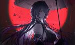  1girl acheron_(honkai:_star_rail) artist_name bandaged_arm bandages black_choker black_gloves blood blood_from_eyes character_name chen_li choker detached_sleeves earrings gloves hair_over_one_eye highres holding holding_umbrella honkai:_star_rail honkai_(series) jewelry long_hair looking_at_viewer multicolored_hair purple_eyes purple_hair single_bare_shoulder single_earring solo streaked_hair umbrella 