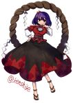  1girl absurdres floral_print full_body hair_ornament hand_on_own_hip highres layered_sleeves leaf_hair_ornament long_skirt long_sleeves looking_at_viewer mirror one-hour_drawing_challenge puffy_short_sleeves puffy_sleeves purple_hair red_eyes renshirenji rope shimenawa short_hair short_over_long_sleeves short_sleeves simple_background skirt smile solo touhou twitter_username white_background yasaka_kanako 