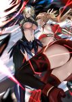  2girls armor artoria_pendragon_(fate) artoria_pendragon_(lancer_alter)_(fate) ass bandeau bare_shoulders black_bodysuit black_cape black_thighhighs blonde_hair bodysuit braid breasts cape center_opening detached_collar detached_sleeves fate/apocrypha fate/grand_order fate_(series) faulds french_braid gauntlets green_eyes hair_between_eyes highres horns jikihatiman large_breasts long_hair mordred_(fate) mordred_(fate/apocrypha) multiple_girls navel parted_bangs pauldrons pelvic_curtain ponytail revealing_clothes ribbed_bodysuit shoulder_armor sidelocks small_breasts thighhighs thighs underboob yellow_eyes 