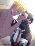  2boys ao_isami black_hair blonde_hair blush clothed_male_nude_male couple dutch_angle face-to-face facial_hair from_side grin hand_on_another&#039;s_cheek hand_on_another&#039;s_face hand_on_another&#039;s_hand happy_tears highres lewis_smith male_focus multiple_boys nude out-of-frame_censoring pectorals sideburns_stubble smile stubble sunlight suzuhashi00 tears thick_eyebrows upper_body yaoi yuuki_bakuhatsu_bang_bravern 