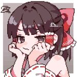  1girl ahiru_tokotoko bare_shoulders black_eyes black_hair bow closed_mouth commentary_request grey_background hair_bow hair_tubes hakurei_reimu pixel_art red_bow sidelocks solo squiggle touhou upper_body 