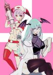  2girls animal_print bat_print black_thighhighs breasts buttons coat collarbone doctor garter_straps glasses gloves green_eyes green_hair hat head_wings holding holding_stethoscope holding_syringe large_syringe lilith_aensland looking_at_viewer morrigan_aensland multiple_girls nurse_cap open_clothes open_coat oversized_object pink_background purple_hair purple_nails red_eyes red_thighhighs rosie_rosie sitting stethoscope syringe thigh_strap thighhighs vampire_(game) white_coat white_gloves wings 