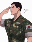  1boy black_eyes black_hair breast_pocket buzz_cut camouflage collared_shirt highres janggwa jinx_(manhwa) joo_jaekyung korean_text male_focus military_uniform open_mouth pocket salute shirt short_hair short_sleeves solo sound_effects south_korean_flag teeth translation_request uniform upper_body very_short_hair white_background 