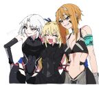  3girls :3 aqua_armband armband armored_gloves armpit_crease bandaid bandaid_on_cheek bandaid_on_face bare_shoulders black_bodysuit black_choker black_gloves black_leotard black_sports_bra black_thighhighs blonde_hair blue_eyes bodysuit breasts choker cleavage closed_eyes collarbone commentary_request cowboy_shot drake_(nikke) ear_piercing earrings elbow_gloves fang gloves goddess_of_victory:_nikke grey_gloves grin hair_between_eyes hair_ornament hairclip hand_on_another&#039;s_hip headgear highleg highleg_leotard highres jewelry laplace_(nikke) leotard long_hair matis_(nikke) maxwell_(mechanic_white)_(nikke) maxwell_(nikke) medium_breasts midriff multiple_girls multiple_piercings navel nikumanman open_mouth parted_bangs parted_lips piercing red_eyes short_hair short_hair_with_long_locks sidelocks simple_background small_breasts smile sports_bra standing teeth thighhighs twintails twitter_username two-tone_gloves v white_background white_hair 