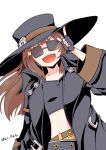  1girl black_gloves black_hat brown_hair coat cosplay cowboy_hat fingerless_gloves gloves guilty_gear guilty_gear_strive hat johnny_(guilty_gear) johnny_(guilty_gear)_(cosplay) long_hair long_sleeves looking_at_viewer may_(guilty_gear) open_clothes open_coat poncocchan smile sunglasses 
