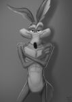 abs anthro biped canid canine canis coyote draconis0868 greyscale half-closed_eyes hi_res looking_at_viewer looney_tunes male mammal monochrome narrowed_eyes navel nude pecs pinup pose shaded smile smirk solo warner_brothers wile_e._coyote