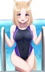  1girl absurdres animal_ears black_one-piece_swimsuit blonde_hair breasts competition_swimsuit covered_navel highleg highleg_swimsuit highres horse_ears horse_tail looking_at_viewer medium_breasts narita_top_road_(umamusume) one-piece_swimsuit pool_ladder short_hair smile solo swimsuit tail two-tone_swimsuit umamusume wakame_miso water yellow_eyes 