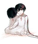  2boys akio_(89e) baroque_(series) black_eyes black_hair child dated_commentary full_body hair_between_eyes hair_over_face holding_hands long_sleeves looking_at_viewer male_focus multiple_boys parted_lips protagonist_(baroque) robe seiza short_hair siblings simple_background sitting twins veins white_background white_robe wire 