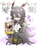  2boys arknights ascot book chinese_commentary chinese_text closed_mouth coat commentary_request ebenholz_(arknights) epaulettes fringe_trim grey_coat grey_shirt hair_between_eyes highres holding holding_book horns jiekuijiangshadaonijiamenkou kreide_(arknights) long_hair male_focus multiple_boys open_clothes open_coat open_mouth shirt sketch smile translation_request white_ascot 