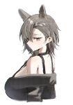 1girl alternate_costume animal_ears arknights breasts closed_mouth commentary_request extra_ears from_behind highres horn/wood large_breasts looking_at_viewer mole_above_eye off_shoulder penance_(arknights) short_hair simple_background solo upper_body white_background wolf_ears wolf_girl yellow_eyes 