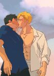  2boys ao_isami bare_pectorals black_hair blonde_hair couple cowboy_shot dorojiai facial_hair highres interracial kiss lewis_smith male_focus multiple_boys open_clothes open_shirt pectorals sideburns_stubble standing stubble thick_eyebrows tongue yaoi yuuki_bakuhatsu_bang_bravern 