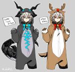  1boy alternate_costume animal_costume animal_hood antlers bell black_collar black_tail blue_eyes brown_gloves collar cropped_legs deer_tail dragon_costume dragon_hood dragon_horns dragon_tail fafnir_(fate) fake_antlers fake_horns fate/apocrypha fate_(series) gloves grey_background grey_gloves grey_hair hair_between_eyes haoro highres hood horns large_tail multiple_horns neck_bell onesie outline parted_lips red_eyes red_nose reindeer_antlers reindeer_costume reindeer_hood short_hair sieg_(fate) signature tail white_outline 