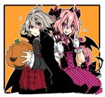 2boys :q ahoge ascot astolfo_(fate) black_bow black_cape black_shirt blush bow cape corset cowboy_shot cross-laced_clothes cross-laced_corset crossdressing demon_costume demon_horns demon_wings dress fang fate/apocrypha fate_(series) flower flying_sweatdrops food frilled_bow frilled_gloves frilled_sleeves frills gloves grey_ascot grey_hair hair_between_eyes hair_bow hair_flower hair_intakes hair_ornament halloween halloween_costume haoro heart holding holding_food holding_pitchfork holding_pumpkin holding_vegetable horns index_finger_raised jack-o&#039;-lantern long_braid long_hair looking_to_the_side multiple_boys neck_ribbon orange_background otoko_no_ko pink_hair pitchfork polka_dot polka_dot_bow polka_dot_dress pumpkin purple_dress purple_eyes purple_flower purple_ribbon red_eyes red_horns red_vest ribbon shirt short_hair sieg_(fate) signature skin_fang tongue tongue_out vampire_costume vegetable vest white_gloves wings 