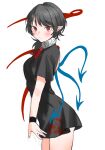 1girl asymmetrical_wings black_dress black_hair blue_wings blush bow bowtie dress houjuu_nue looking_at_viewer makita_(vector1525) pointy_ears red_bow red_bowtie red_eyes red_wings short_dress solo touhou wings wristband 