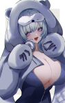  1girl blush breasts cleavage commentary eyelashes gloves goddess_of_victory:_nikke grey_hair hat_iue highres hood hood_up huge_breasts large_breasts long_sleeves looking_to_the_side mole mole_on_breast neve_(nikke) open_mouth purple_eyes short_hair simple_background smile solo upper_body white_background 