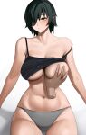  1boy 1girl averting_eyes black_camisole black_hair blush breasts camisole chainsaw_man collarbone disembodied_limb eyepatch grabbing grabbing_another&#039;s_breast grey_panties highres himeno_(chainsaw_man) large_areolae large_breasts navel nipples one_breast_out one_eye_covered panties senju_(snz0) short_hair sitting stomach strap_slip underwear 