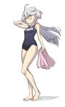  1girl ahoge barefoot blue_one-piece_swimsuit breasts closed_mouth expressionless feet full_body grey_eyes grey_hair gundam gundam_suisei_no_majo hair_between_eyes hand_up heebee holding holding_towel long_hair looking_at_viewer miorine_rembran old_school_swimsuit school_swimsuit shadow simple_background small_breasts solo standing swimsuit toes towel twitter_username white_background 