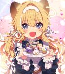  1girl :d animal_ears blonde_hair blush dress food frilled_dress frills hair_ribbon hairband highres holding holding_plate lion_ears lion_girl long_hair looking_at_viewer mamyouda noripro open_mouth plate purple_eyes regrush_lionheart ribbon smile solo sweets virtual_youtuber white_hairband white_ribbon 