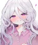  1girl blue_archive blush buttons dot_nose hair_between_eyes half-closed_eyes highres hina_(blue_archive) long_hair looking_at_viewer naya_(888890tt) portrait purple_eyes purple_shirt shirt simple_background smile solo teeth white_background white_hair 