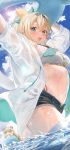  1girl absurdres arms_up bandaged_leg bandages black_shorts blonde_hair blue_sky blush breasts chest_sarashi cloud cloudy_sky commentary_request day green_eyes hair_between_eyes hair_ornament highres holding holding_swim_ring hololive jacket kakeru_(kakekaker001) kazama_iroha leaf_hair_ornament looking_at_viewer medium_breasts midriff navel open_mouth pokobee ponytail sarashi see-through see-through_jacket shorts sky solo swim_ring virtual_youtuber wading wet white_jacket 